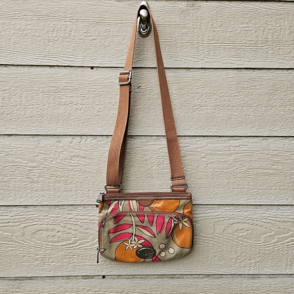 Fossil Key-Per coated canvas crossbody bag pink leaves orange fruit - Picture 1 of 8